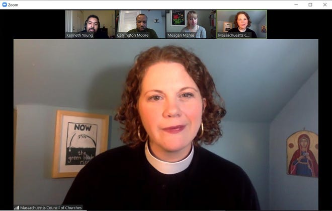 In this April 2, 2020, frame from a Zoom video, the Rev. Laura Everett in Boston delivers a sermon for Boston’s First Baptist Church. As Everett delivered a previous sermon, a user who had seen the church service advertised entered the video conferencing session and shouted homophobic and racist slurs. Everett said she had tweeted the link to the sermon because she wanted “the doors of the church to be open to every weary soul who is looking for a word of comfort.” (The Rev. Laura E. Everett via AP)