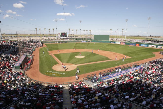Goodyear Ball Park is one of about 14 ballparks near Phoenix that could be used to get the Major League Baseball season started with no fans in attendance. [AP Photo/Mark Duncan, 2010 file]