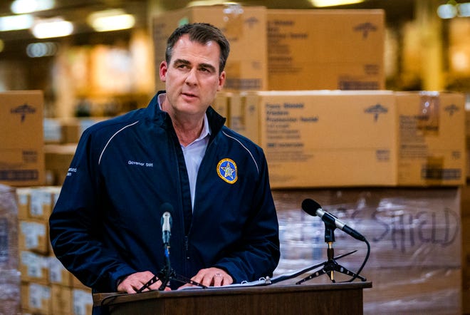 Gov. Kevin Stitt speaks during a press conference in Oklahoma City, Okla. on Tuesday, April 7, 2020 where the State of Oklahoma has amassed it stockpile of personal protection equipment and medical supplies for the State's COVID-19 response.  [Chris Landsberger/The Oklahoman]