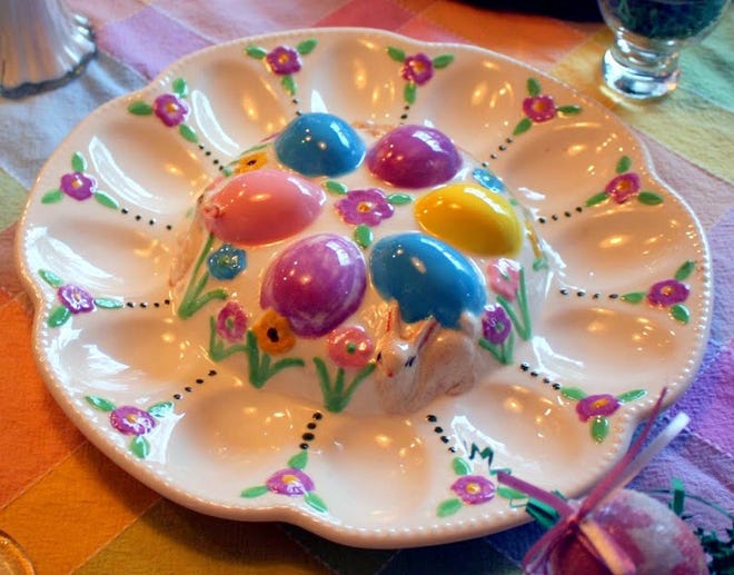 Vintage egg plates for stuffed eggs contribute to the beauty of your Easter table. [Laura Tolbert]