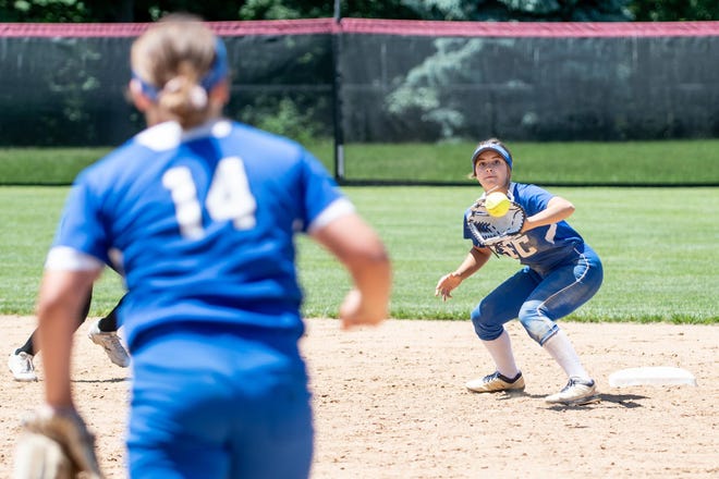 Conwell-Egan's Alyssa Fagan, right, receives a throw from Ange Bresnen during a PIAA 2A first round softball game. [MICHELE HADDON / CORRESPONDENT]