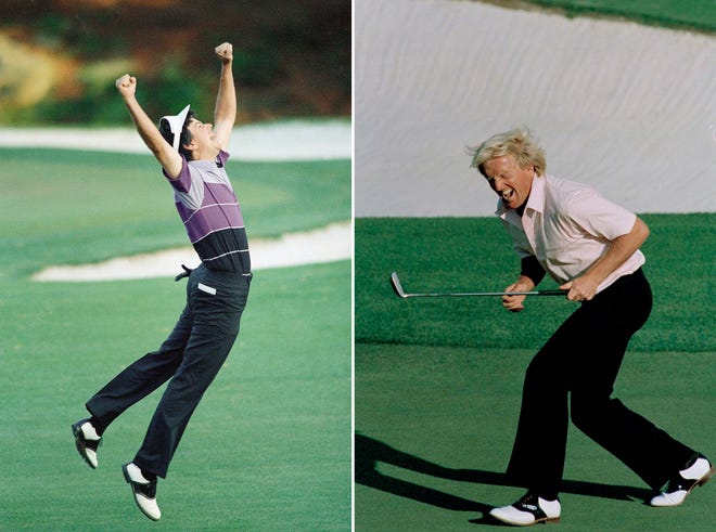 At left, in an April 12, 1987, file photo, Larry Mize jumps in the air after making the winning shot in a sudden death playoff over Seve Ballesteros and Greg Norman to win the Masters. At right, also in an April 12, 1987 Greg Norman reacts to a missed birdie shot on the 18th hole during the final round. [AP Photo/File]