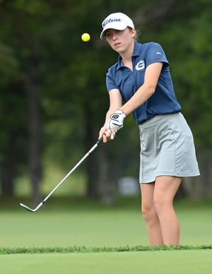 Greenwood golfer Ella Austin pitches onto the No. 6 green on the Willow Course on Monday, Sept. 23, 2019 at Ben Geren Golf Course during the 5A West Conference Tournament. [BRIAN D. SANDERFORD/TIMES RECORD]