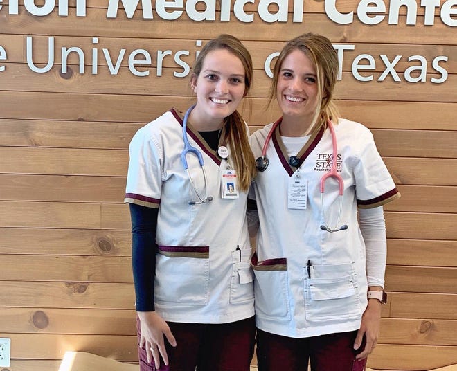 Patricia Chestnutt, left, and Kaci Kemp, right, are among seniors in Texas State University’s respiratory care program who have been hired by Ascension Seton Williamson medical center in Round Rock to help during the COVID-19 pandemic. [COURTESY PHOTO]