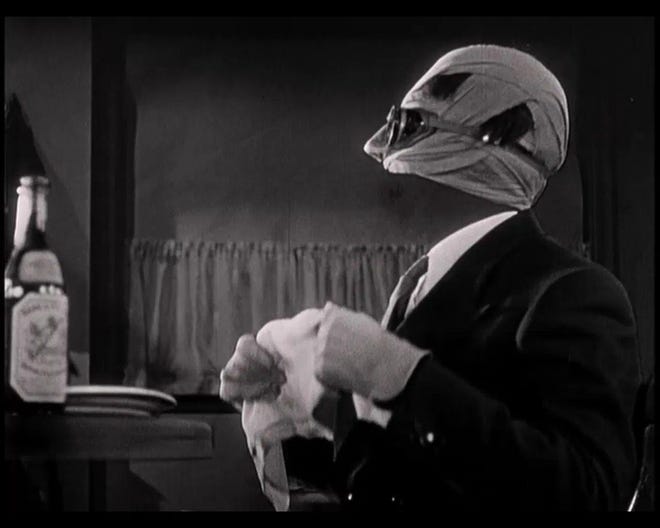 The invisible man removes his coronavirus mask to discover there’s nothing of him left beneath it. (Or maybe not.) Claude Rains portrayed Dr. Jack Griffen in the 1933 Universal Studios production of “The Invisible Man,” based upon the 1897 novel by H.G. Wells. [CONTRIBUTED PHOTO]