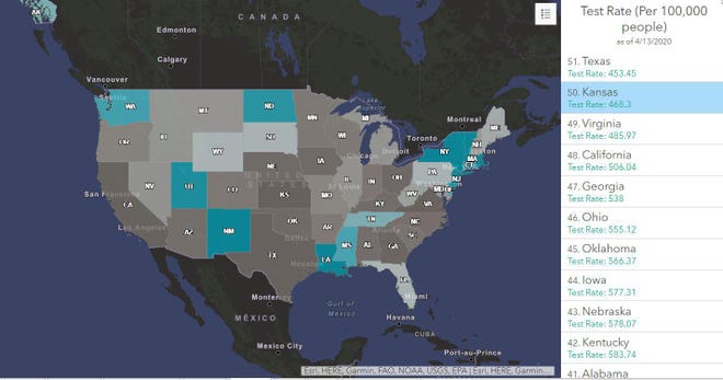This map on Reno County’s website shows per capita testing rates across the nation.