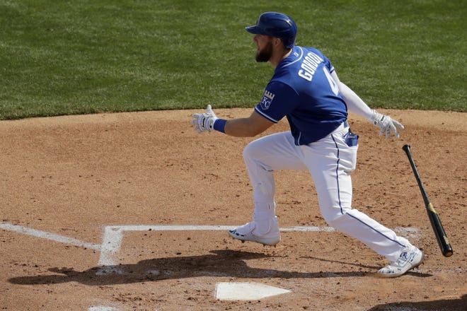 Kansas City Royals' Alex Gordon bats during a spring training baseball game against the Texas Rangers on Feb. 21 in Surprise, Ariz. The coronavirus pandemic has given rise to a very different daily routine for Gordon, the Royals' longest-tenured player and most decorated outfielder. [Charlie Riedel/The Associated Press]