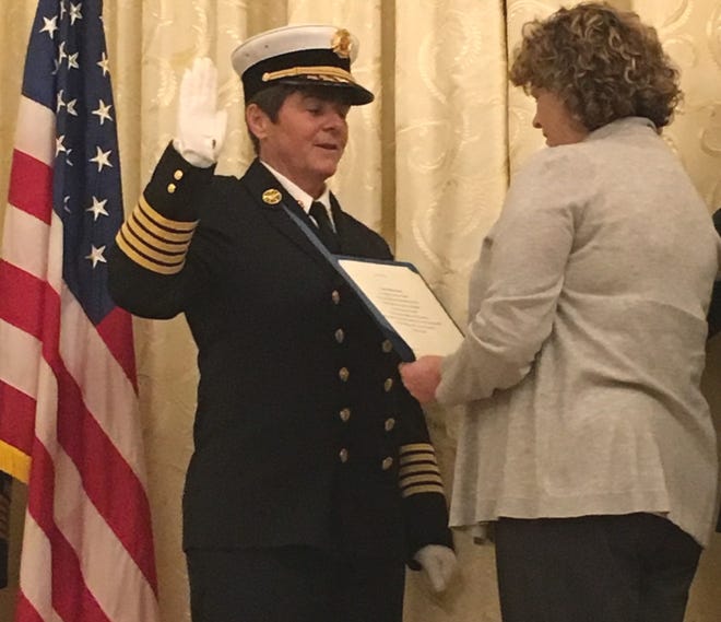 Jenifer Collins-Brown, seen here being sworn in as the new chief of Topsfield Fire Department in Sept. 28, 2017, has signed a new three-year contract. [Courtesy Photo]