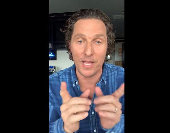 Actor Matthew McConaughey is participating in the ALL IN Challenge, which aims to raise money to help feed people in need during the coronavirus pandemic. People can donate money for a chance to join McConaughey at a University of Texas football game. [TWITTER/MATTHEW MCCONAUGHEY]