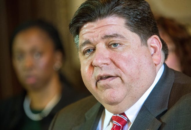 Illinois Gov. JB Pritzker answers questions from the media about the state’s response to COVID-19 during a press conference in the Governor's Office in Springfield Thursday, March 5, 2020. [Ted Schurter/The State Journal-Register]
