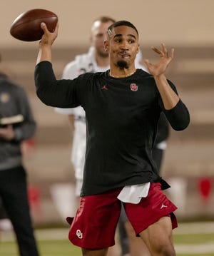 Jalen Hurts throws during OU’s Pro Day workouts in March. The former Sooner quarterback’s NFL Draft stock has been all over the place, but now, ESPN’s Mel Kiper believes Hurts will be off the board before the end of the second round. [CHRIS LANDSBERGER/THE OKLAHOMAN]