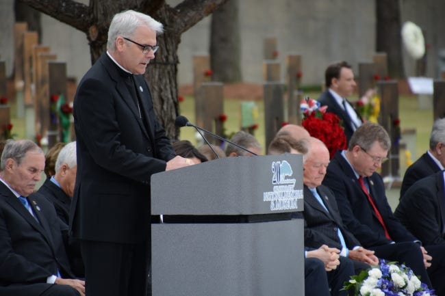 Oklahoma City Archbishop Paul S. Coakley provides the blessing at the 2015 Remembrance Ceremony commemorating the 20th anniversary of the Oklahoma City bombing. [Photo Cara Koenig/Archdiocese of Oklahoma City]