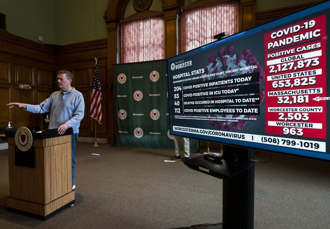 Worcester City Manager Edward Augustus gives up update Thursday at the daily press briefing at City Hall, noting that the city has 963 cases of COVID-19. [T&G Staff/Ashley Green]
