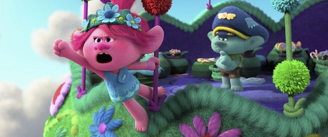 Poppy, voiced by Anna Kendrick, left, and Branch, voiced by Justin Timberlake, in a scene from the animated film "Trolls World Tour,“ a recent release that is available to rent online. [DreamWorks Animation via AP]
