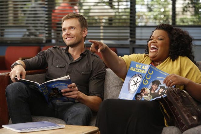 Joel McHale (left) as Jeff and Yvette Nicole Brown as Shirley in NBC’s “Community,” now available for streaming on Netflix. [JORDIN ALTHAUS / NBC]