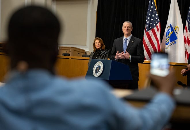 Gov. Charlie Baker's briefing on Friday was the first since the White House outlined a three-phase process for states to reopen their economies. [Photo: Sam Doran/SHNS]