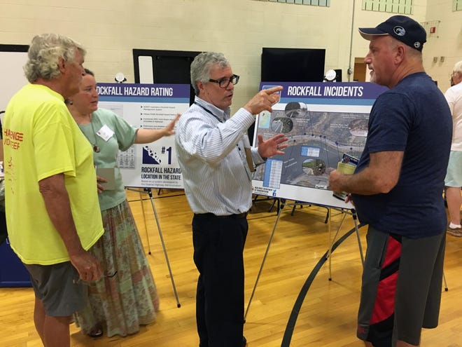 New Jersey Department of Transportation representatives take questions from members of the public during a Tuesday, June 18, 2019, open house event for the I-80 Rockfall Mitigation Project. [POCONO RECORD FILE PHOTO]