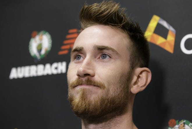 Boston Celtics' Gordon Hayward, shown speaking to members of the media on Sept. 13, 2018, spoke with reporters last week about what he and his family are doing during COVID-19 quarantine. [AP File Photo/Steven Senne]