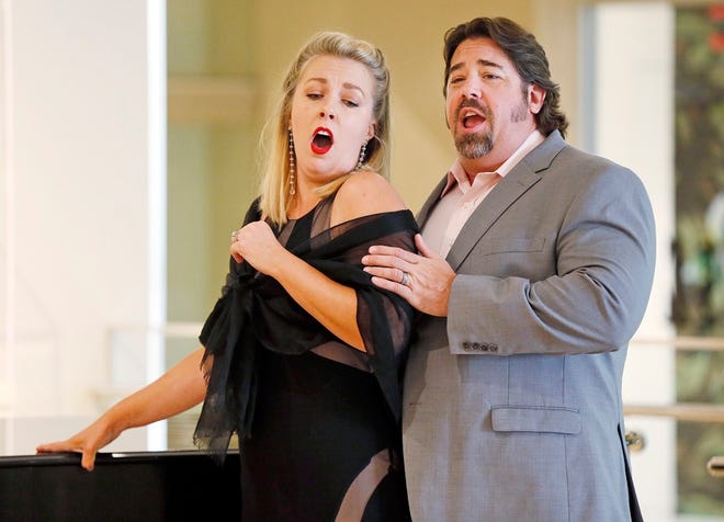 Nicole Van Every, soprano, and Joel Burcham, tenor, with Painted Sky Opera perform together during an Art Moves event at the Oklahoma City Museum of Art in Oklahoma City, Wednesday, July 26, 2017. [Nate Billings/The Oklahoman Archives]