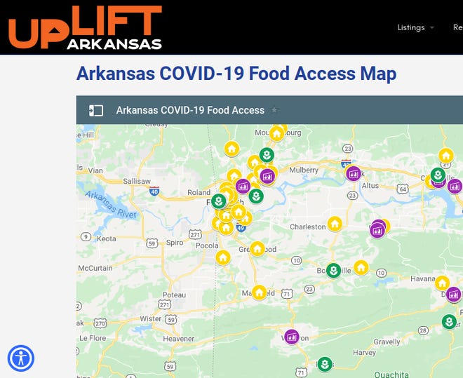 Uplift Arkansas and the Arkansas Department of Agriculture has map of restaurants and food pantries, as well as places serving free meals to students, available at www.upliftarkansas.com/resources/arkansas-covid-19-food-access-map. [Screenshot]