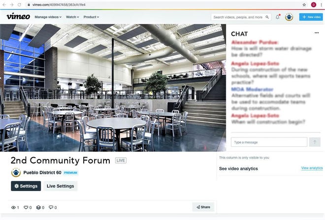 Once the Pueblo School District 60 forum begins streaming, those engaging remotely can type in feedback or ask questions through the chat function located on the right of the screen. [COURTESY PHOTO]