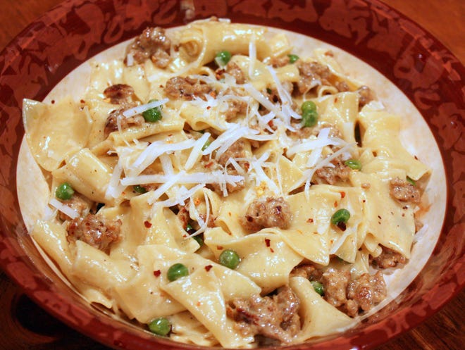 Pappardelle with Sausage and Peas. [Laura Tolbert]