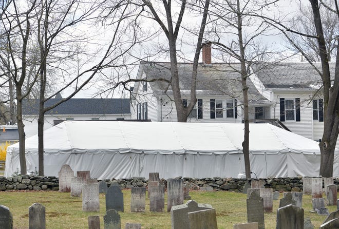 St. Luke's Guesthouse at 141 Main St. in Southbridge is running a homeless shelter to prevent spread of COVID-19. A Tent visible Wednesday alongside the Guesthouse has a capacity for 11 homeless people. [T&G Staff/Christine Peterson]