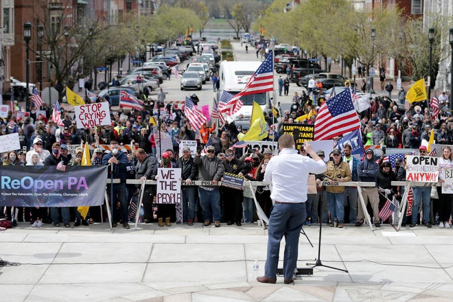 State Rep. Aaron Bernstine was one of at least four Pennsylvania lawmakers to participate in a rally to reopen the state at the Capitol on Monday. [DAVID MAIALETTI / PHILADELPHIA INQUIRER]
