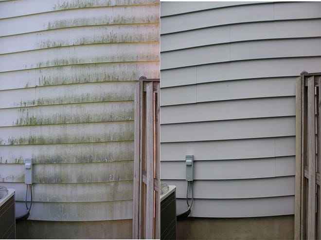 It is possible to pressure wash siding without doing damage. [East Coast Powerwashing/CC BY-SA (https://creativecommons.org/licenses/by-sa/3.0)]