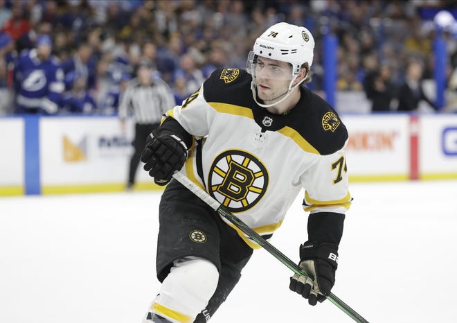 Boston Bruins left wing Jake DeBrusk skates against the Tampa Bay Lightning during a game Tuesday, March 3, in Tampa, Fla. (AP File Photo/Chris O'Meara)