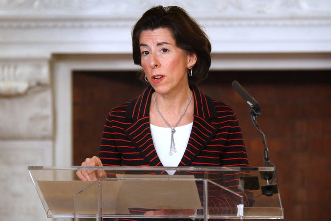 Gov. Gina Raimondo provides her daily update on the state’s fight against COVID-19 in the State Room of the Statehouse. [KRIS CRAIG/THE PROVIDENCE JOURNAL]