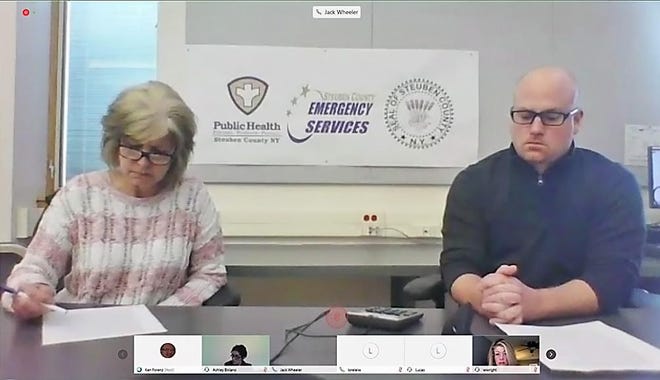 Steuben County Public Health Director Darlene Smith and County Manager Jack Wheeler spoke with reporters on a video conference Friday about cases of COVID-19 in county nursing homes. [Screen capture]