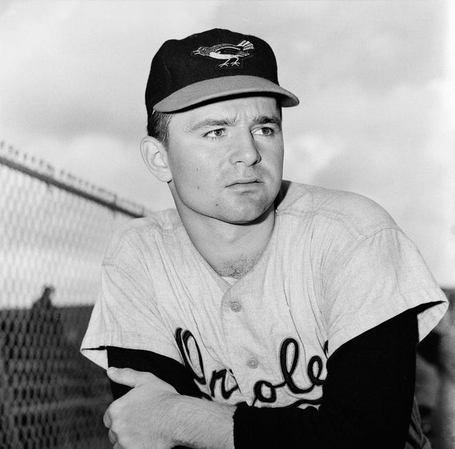 This is a 1959 file photo showing Baltimore Orioles minor league pitcher Steve Dalkowski posed in Miami, Fla. Dalkowski, a former Stockton Port, was a hard-throwing, wild left-hander who inspired the creation of the character Nuke LaLoosh in the movie "Bull Durham." [AP FILE PHOTO]
