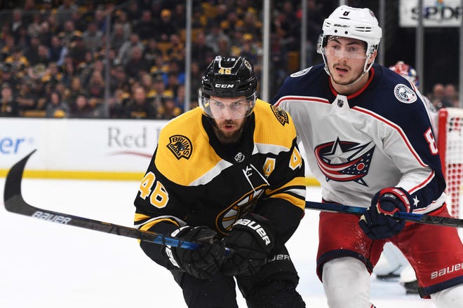 Bruins center David Krejci and Blue Jackets defenseman Zach Werenski chase the puck during a second-round playoff game last year. At 34, Krejci knows he won’t have many more chances at winning a Stanley Cup. [USA TODAY Sports, file / Bob DeChiara]