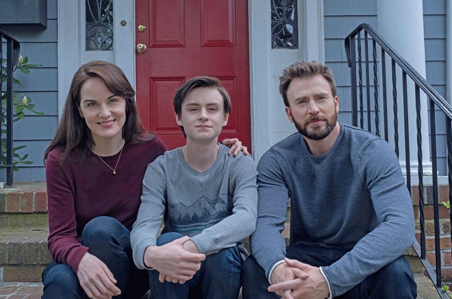 From left, Michelle Dockery, Jaeden Martell and Chris Evans star in “Defending Jacob,” parts of which was filmed in Leominster. It debuted April 24 on Apple TV+. [APPLE TV+ PHOTO]