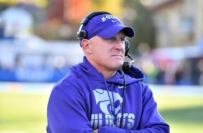 Kansas State football coach Chris Klieman looks on from the sideline during the Wildcats’ game against Kansas last year in Lawrence. [DENNY MEDLEY/USA TODAY SPORTS]