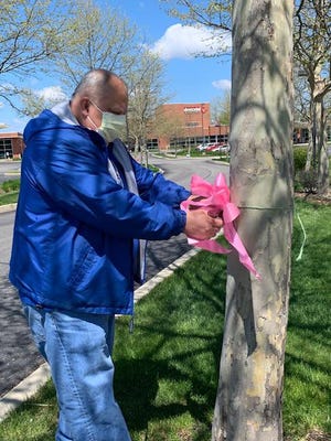 Plant facilities worker Ken Gill straightens a pink ribbon on trees lining the entryway into Abraham Lincoln Memorial Hospital. The ribbons are to show support for the health care workers who are fighting the spread of the COVID-19 virus. [Photo by Jean Ann Miller/The Courier]