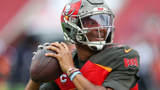 Ball security has been a problem in Jameis Winston’s NFL career. His final pass with the Buccaneers was an interception returned for the winning touchdown in overtime. [Douglas R. Clifford/Tampa Bay Times]