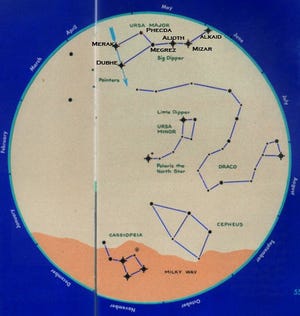 This star chart, adapted from pachamamatrust.org, shows and labels the stars of the Big Dipper. The chart is oriented to show the northern sky on a mid-spring evening, as seen from the mid-northern latitudes. [pachamamatrust.org]