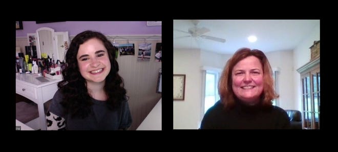 Caroline Reese, at left, a senior at High Point Regional High School who was set to play Dorothy in the school spring musical “The Wizard of Oz,” and Theresa Riccardi, choral and theater teacher at High Point, spoke to the New Jersey Herald via Zoom on Thursday. Reese’s video, “Our Gift Is Our Song” will be played in the Sunshine Songs Concert on Saturday after Broadway star and Tony Award-winning actress Lauren Benanti discovered it on Twitter. [Screenshots/collage by Lori Comstock/New Jersey Herald]