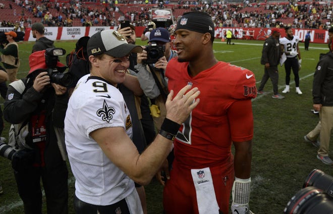 Drew Brees and Jameis Winston will soon be wearing the same colors as Jameis is welcomed into Sainthood. [AP File]