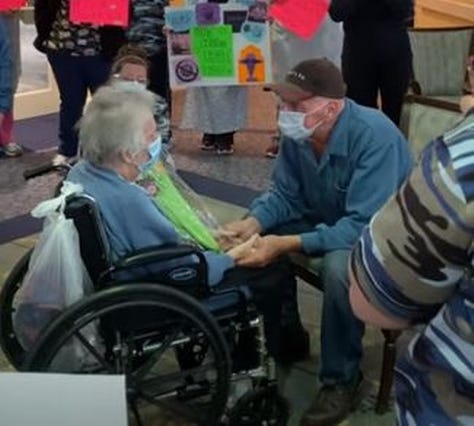 Harriet Spach, a patient at Alden Court nursing home, was reunited with her husband James after recovering from COVID-19. The staff relocated Harriet to a room where she could see James as part of helping her recovery. [SCREEN GRAB FROM ALDEN COURT]
