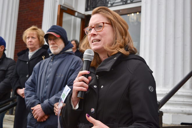 State Rep. Christine Barber outside Somerville City Hall. [Wicked Local Photo / Katie Bowler]