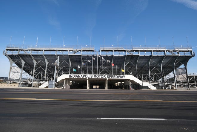 FILE - In this Nov. 4, 2019, file photo, the main gate of Indianapolis Motor Speedway in Indianapolis is shown. It is finally May and acceptable to declare this a crummy year for Roger Penske to have purchased Indianapolis Motor Speedway. (AP Photo/AJ Mast, File)