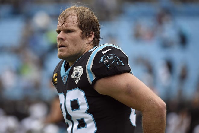Carolina Panthers tight end Greg Olsen warms up prior to the team's game against the New Orleans Saints in Charlotte, N.C. in December of 2019. Released by Carolina in late January, Olsen eventually signed a $7 million, one-year deal with the Seattle Seahawks in February after considering Washington and Buffalo as other potential landing spots. [Mike McCarn/Associated Press File]
