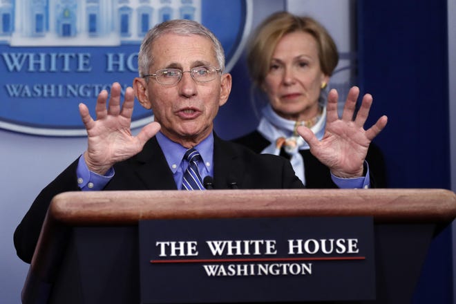 Dr. Anthony Fauci, director of the National Institute of Allergy and Infectious Diseases, speaks about the coronavirus at the White House as Dr. Deborah Birx, White House coronavirus response coordinator, listens. [AP Photo/Alex Brandon]