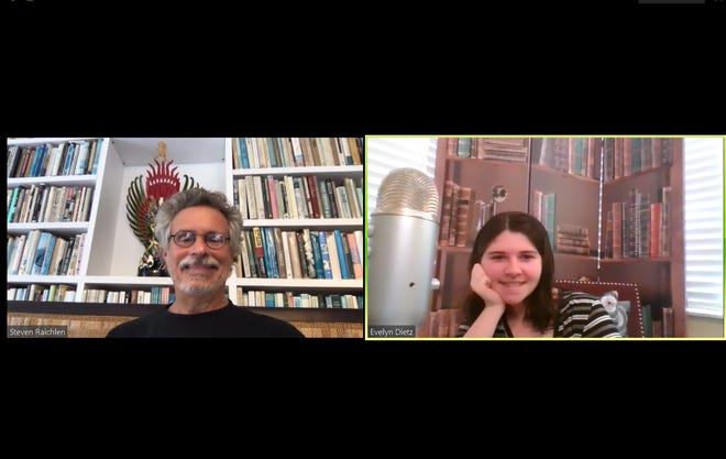 Steven Raichlen, TV chef and award-winning cookbook author, left, and Evelyn Deitz, a student from Resilience Charter School, right, talked via Zoom about the ins and outs of food and writing careers. [Photo courtesy of Tina Dietz]