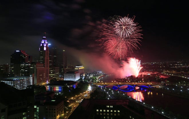 Fireworks light up the skyline during last year’s Red, White & Boom fireworks display in Downtown Columbus. [Adam Cairns/Dispatch]