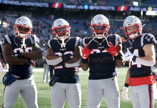 From left, running backs Sony Michel, James White, Brandon Bolden, Rex Burkhead and the rest of the New England Patriots will open the season against Miami on Sept. 13. [The Providence Journal, file / Kris Craig]