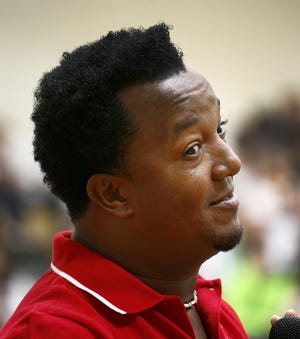 Red Sox pitching star and future Hall of Famer, Pedro Martinez visited students at the Furnace Brook Middle School in 2014. (Greg Derr/The Patriot Ledger)